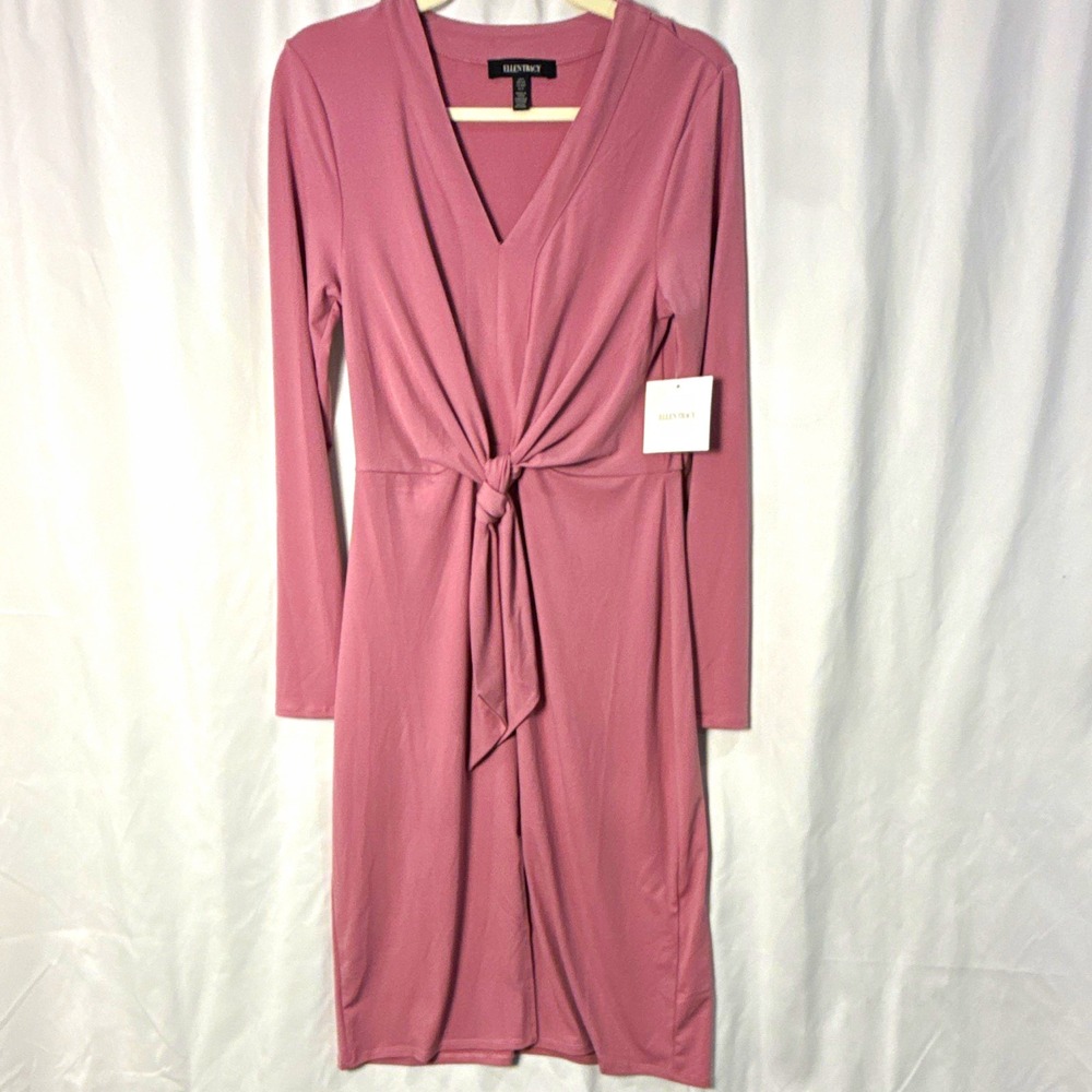 Ellen Tracy Mauve Solid Wrap Dress V-Neck Long Sleeve Tie Waist Stretch S